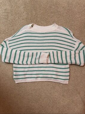 wild fable Cream & Green Striped Crewneck Sweater